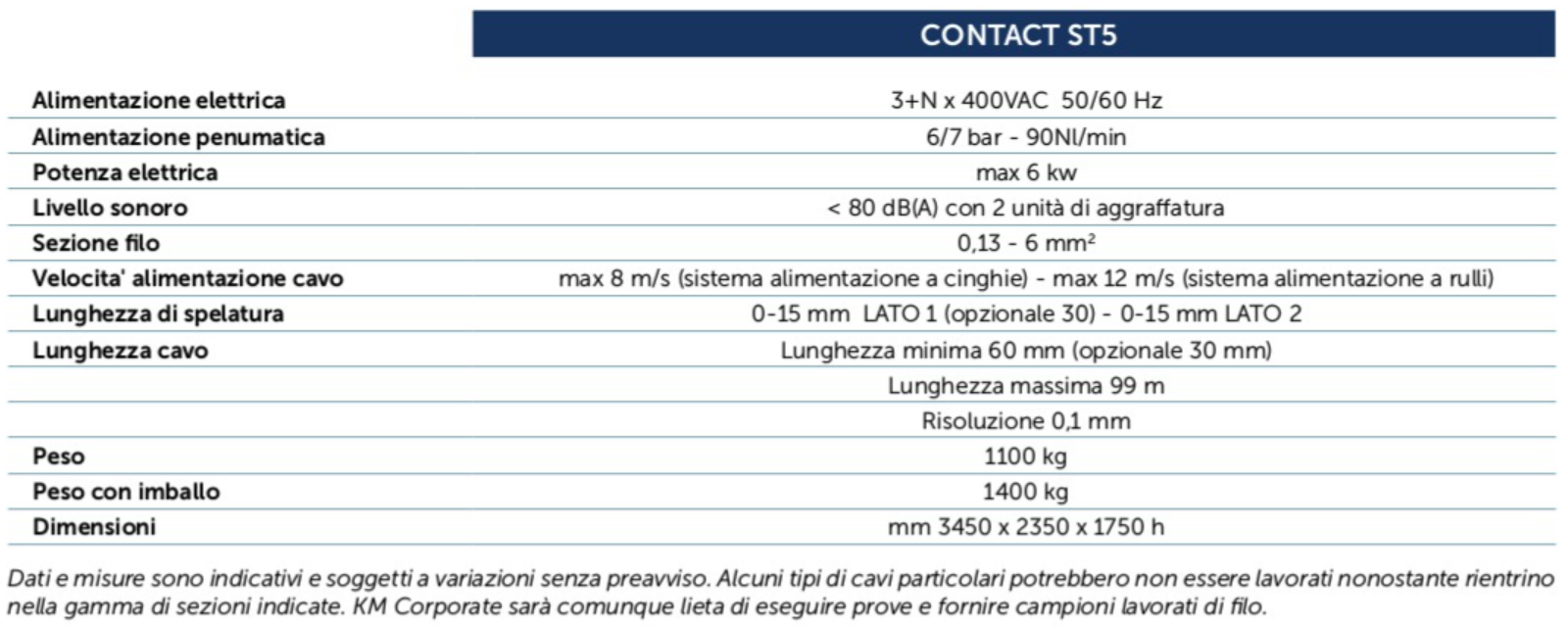 Tabella caratteristiche Macchina Contact ST5